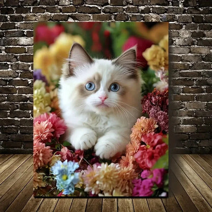 Flowers And Plants Cute Ragdoll Kitten Painting 40x60cm Metal Print Ready to Hang