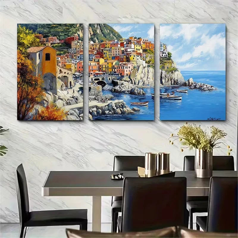 3pcs Italian City Oil Painting Cinque Terra Metal Print Ready to Hang Art