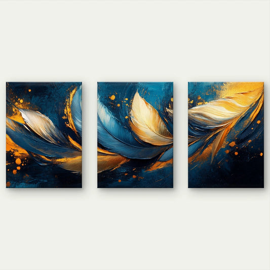 3pcs Modern Abstract Blue and Gold Feathers Wall Art Set Canvas Framed 50x70cm - High Quality Print 100% Australian Made Wall Canvas Ready to Hang