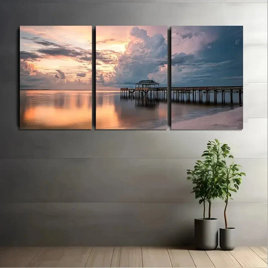 3pcs Gulf Coast Pier Seascape With Rustic Wall Art Set Canvas Framed 60x90cm - High Quality Print 100% Australian Made Wall Canvas Ready to Hang