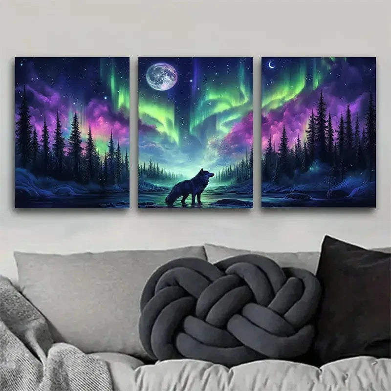 3pcs Artistic Charming Arctic Aurora and Wolf Metal Print Ready to Hang Art - Bella Home Decor