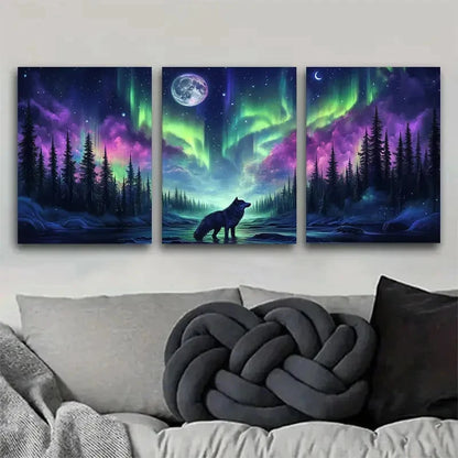 3pcs Artistic Charming Arctic Aurora and Wolf Metal Print Ready to Hang Art - Bella Home Decor