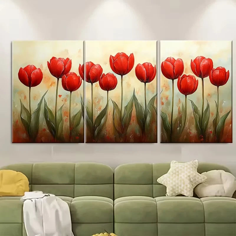 3pcs Blooming Red Tulips Watercolour Metal Print Ready to Hang Art - Bella Home Decor