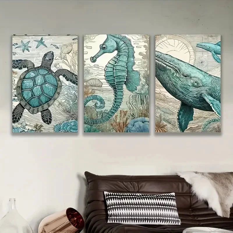 3pcs Coastal Seahorse Turtle & Whale Ocean Theme Wall Art Set Canvas Framed 40x60cm - High Quality Print 100% Australian Made Wall Canvas Ready to Hang - Bella Home Decor