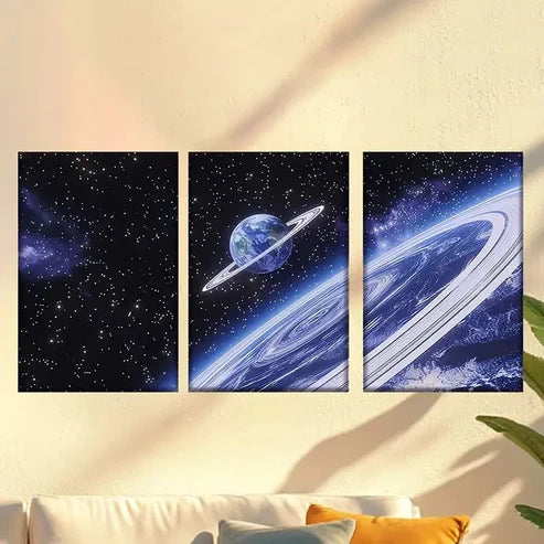 3pcs Vibrant Space Scene with Earth & Nebulae Wall Art Set Canvas Unframed – High Quality Print 100% Australian Made Wall Canvas