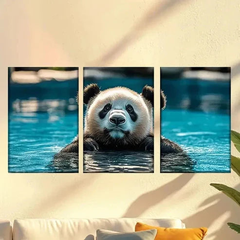 3pcs Panda Swimming in Pool Wall Art Canvas Unframed - High Quality Print 100% Australian Made Wall Canvas