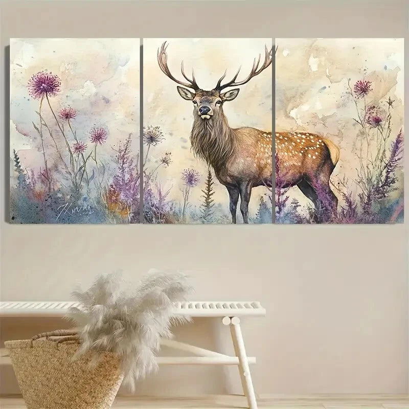 3pcs Scotland Thistle Scottish Deer Floral Metal Print Ready to Hang Art - Bella Home Decor