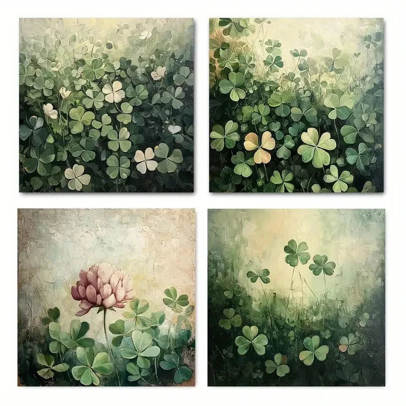 4pcs Vibrant Clover & Floral Designs Wall Art Canvas Framed