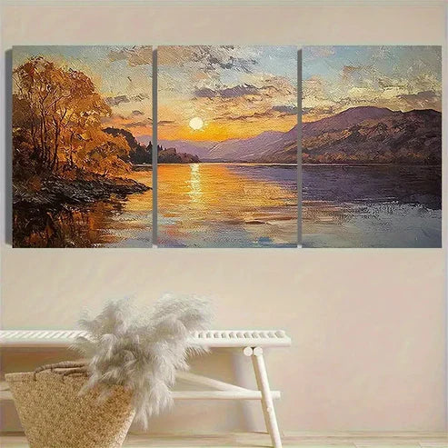 3pcs Lake Sunset Painting Wall Art Set Canvas Unframed - High Quality Print 100% Australian Made Wall Canvas - Bella Home Decor