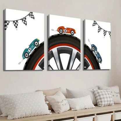 3pcs Racing Car Illustration on Cartoon Tire Wall Art Set Canvas Unframed - High Quality Print 100% Australian Made Wall Canvas