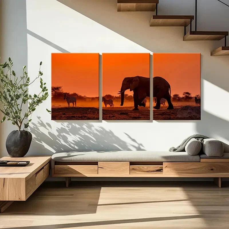 3pcs African Elephant in a Grassland at Sunset Wall Art Set Canvas Framed 50x70cm - High Quality Print 100% Australian Made Wall Canvas Ready to Hang - Bella Home Decor