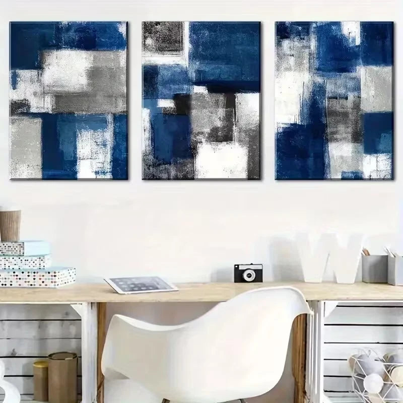 3pcs Abstract Blue Geometric Designs Metal Print Ready to Hang Art - Bella Home Decor