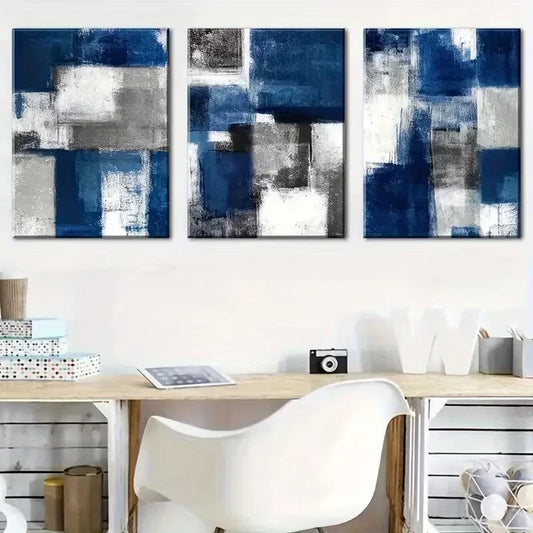 3pcs Abstract Blue Geometric Designs Metal Print Ready to Hang Art