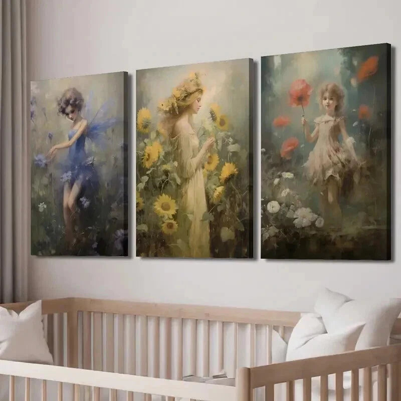3pcs Meadow Fairy Print Vintage Fairy Mural Wall Art Set Canvas Framed 50x70cm - High Quality Print 100% Australian Made Wall Canvas Ready to Hang