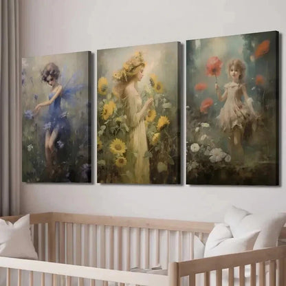 3pcs Meadow Fairy Print Vintage Fairy Mural Wall Art Set Canvas Framed 50x70cm - High Quality Print 100% Australian Made Wall Canvas Ready to Hang