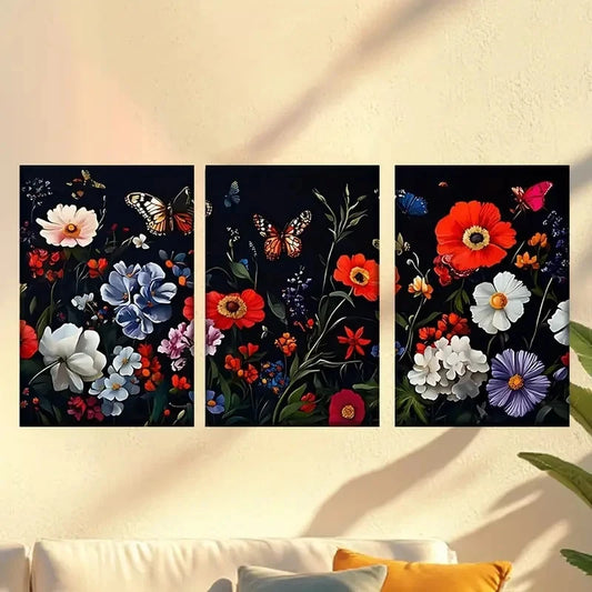 3pcs a Painting of Flowers And Butterflies Wall Art Set Canvas Framed 40x60cm - High Quality Print 100% Australian Made Wall Canvas Ready to Hang