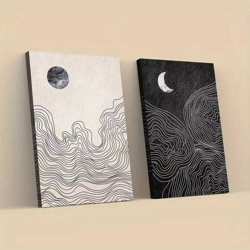 2-Piece Abstract Sun and Moon Geometric Framed 50x75cm - High Quality Print 100% Australian Made Wall Canvas Ready to Hang