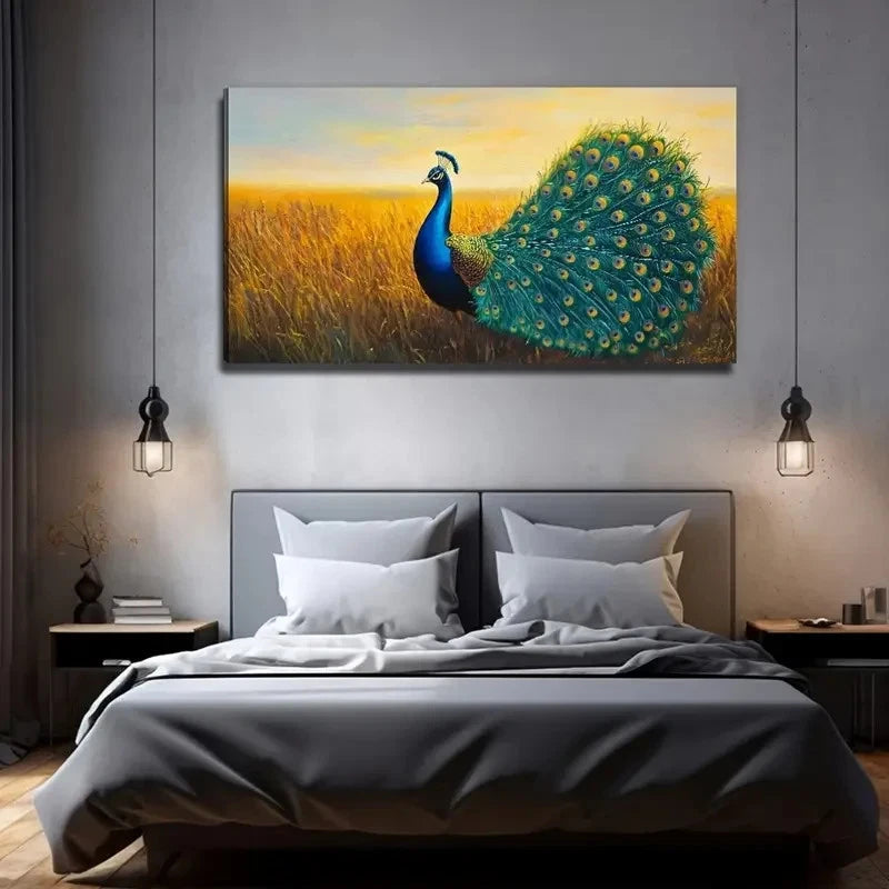 Peacock On The Prairie Wall Art Canvas Office Home Room Framed 120x60cm