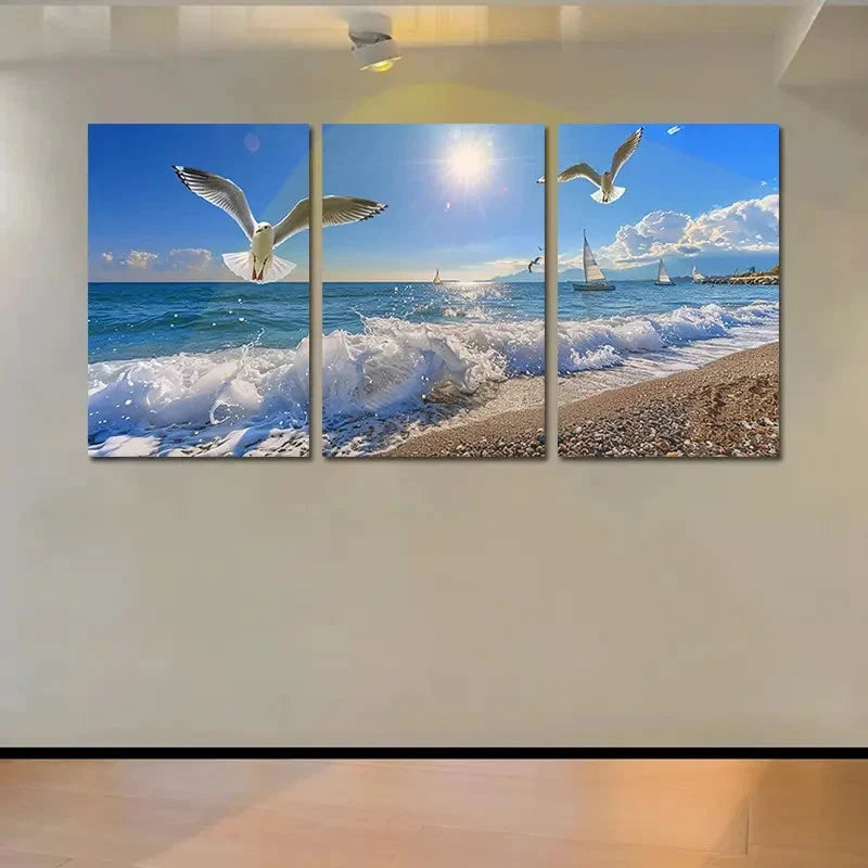 3pcs Beach with Seagulls Sailboats & Sunlit Sky Wall Art Set Canvas Framed 50x70cm - High Quality Print 100% Australian Made Wall Canvas Ready to Hang - Bella Home Decor