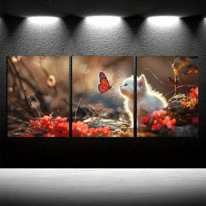 3pcs Adorable White Kitten with Butterfly Metal Print Ready to Hang Art
