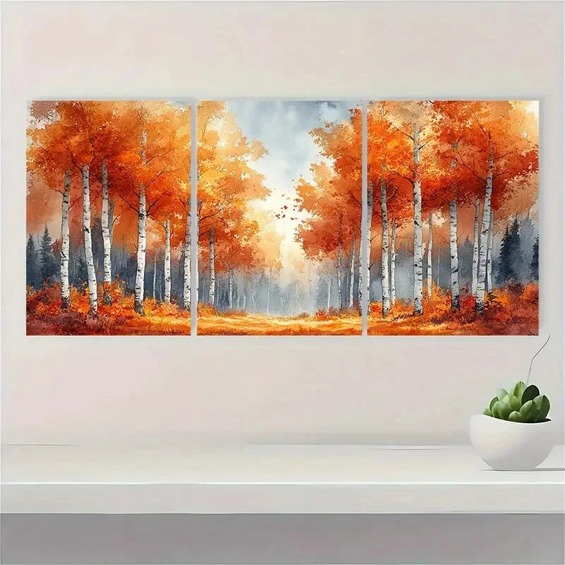 3pcs Autumn Birch Grove Watercolor Landscape Art Metal Print Ready to Hang Art - Bella Home Decor