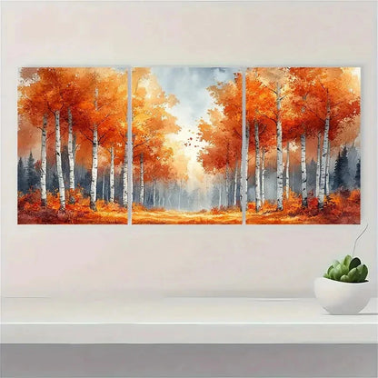 3pcs Autumn Birch Grove Watercolor Landscape Art Metal Print Ready to Hang Art - Bella Home Decor
