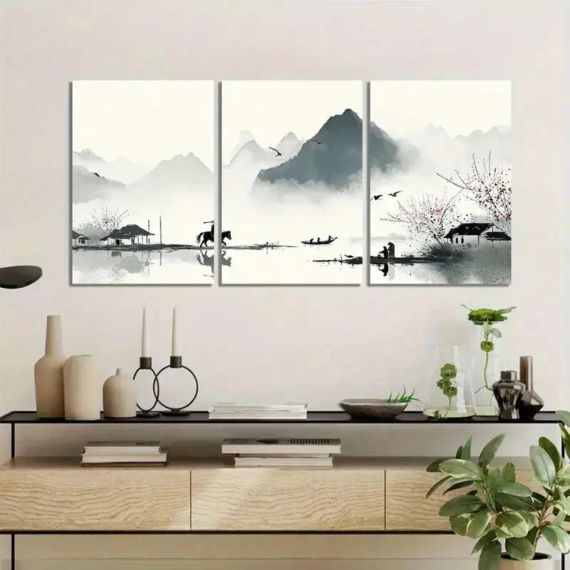 3pcs Chinese Ink Painting with Black Brushstrokes Metal Print Ready to Hang Art - Bella Home Decor