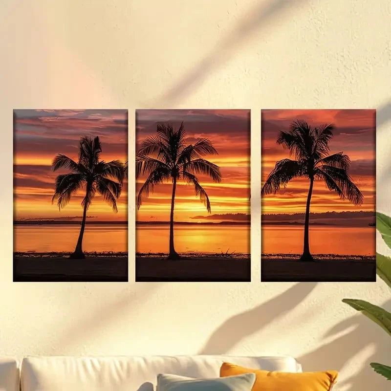 3pcs Sunset island and coconut trees Wall Art Set Canvas Framed 60x90cm - High Quality Print 100% Australian Made Wall Canvas Ready to Hang