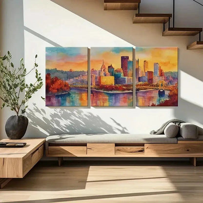 3pcs Watercolor Style Cityscape Bridge Over River Metal Print Ready to Hang Art - Bella Home Decor
