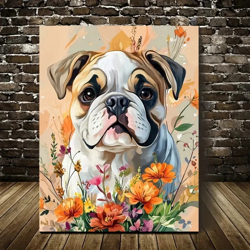 Beautiful Adorable Bulldog with Flowers Painting 40x60cm Metal Print Ready to Hang - Bella Home Decor