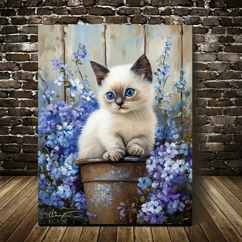Adorable Birman Kitten with Flowers Painting 40x60cm Metal Print Ready to Hang - Bella Home Decor