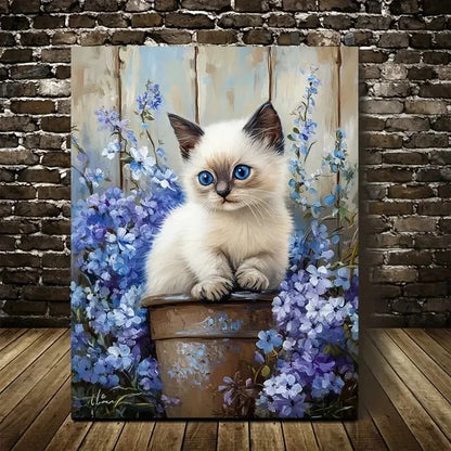 Adorable Birman Kitten with Flowers Painting 40x60cm Metal Print Ready to Hang - Bella Home Decor