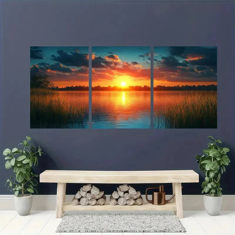 3pcs Serene Lakeside Sunset Teal & Golden Hues Metal Print Ready to Hang Art