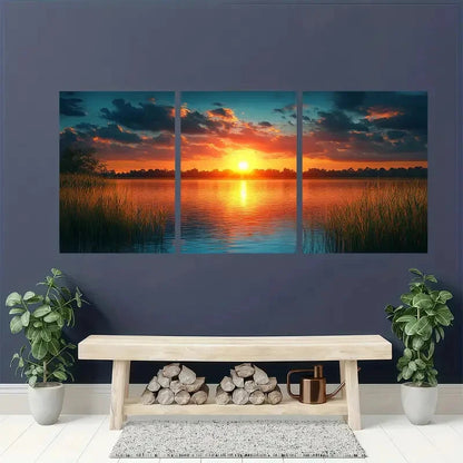 3pcs Serene Lakeside Sunset Teal & Golden Hues Metal Print Ready to Hang Art