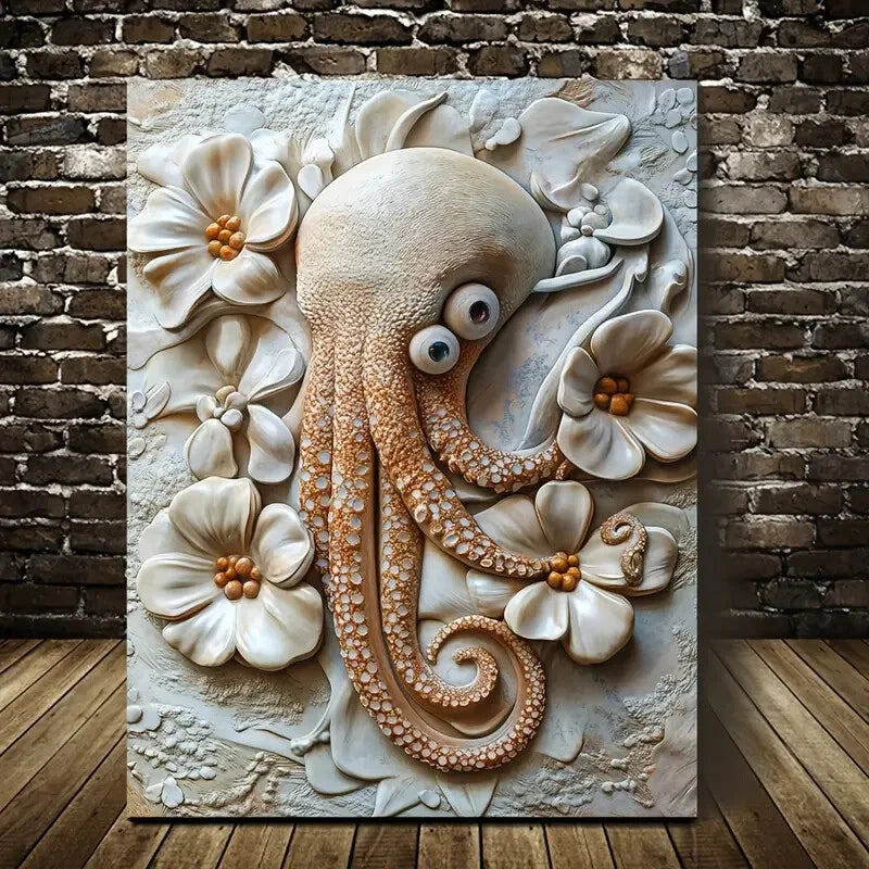 Cuttlefish Among Heart Shaped Flowers Painting 40x60cm Metal Print Ready to Hang - Bella Home Decor