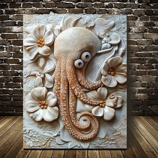 Cuttlefish Among Heart Shaped Flowers Painting 40x60cm Metal Print Ready to Hang - Bella Home Decor
