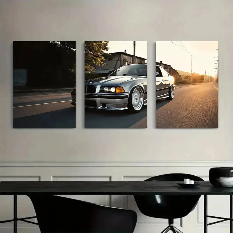 3pcs Casual Gray Body Color with White Wheels Metal Print Ready to Hang Art - Bella Home Decor