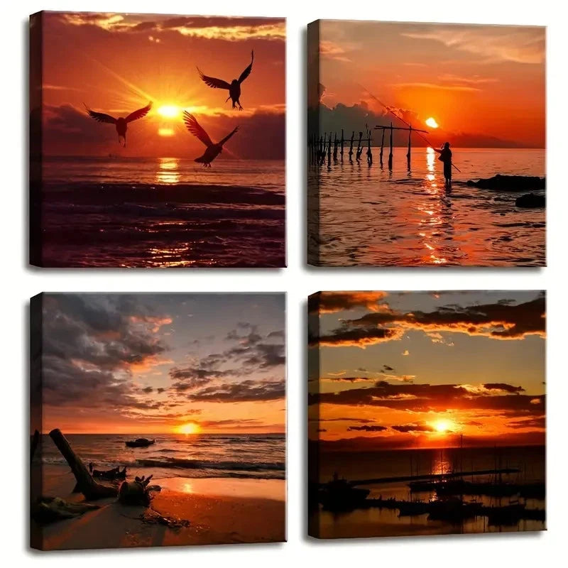 4pcs Black And Red Ocean Wall Art Beach PictureWall Art Canvas Framed