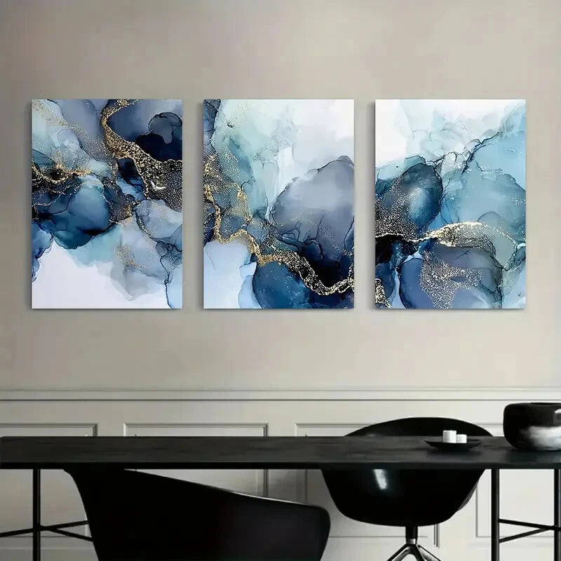 3pcs Abstract Blue and White Golden Leaf Metal Print Ready to Hang Art - Bella Home Decor