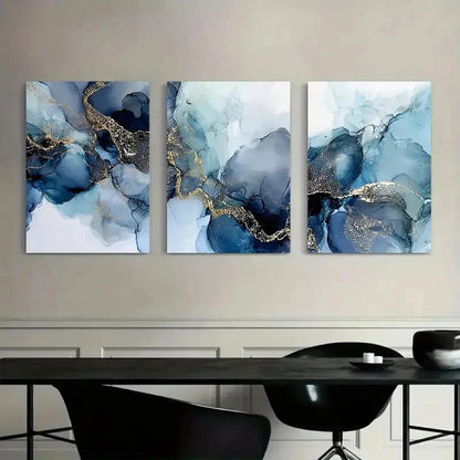 3pcs Abstract Blue and White Golden Leaf Metal Print Ready to Hang Art - Bella Home Decor
