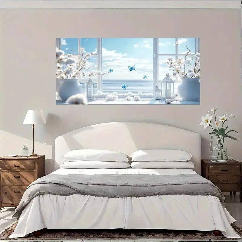 Window Scene Open Curtains Wall Art Canvas Office Home Room Framed 120x60cm