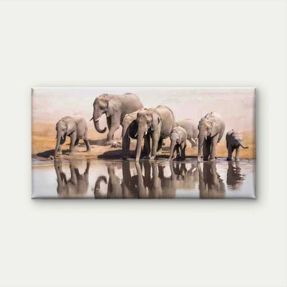 Elephant Herd Drinking Water Wall Art Canvas Office Home Room Framed 120x60cm
