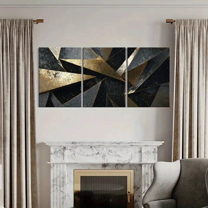 3pcs Abstract Golden Black Geometric Art Metal Print Ready to Hang Art - Bella Home Decor