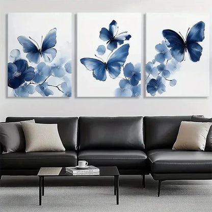 3pcs Blue Butterfly Floral Watercolor Perfect  Wall Art Set Canvas Unframed - High Quality Print 100% Australian Made Wall Canvas - Bella Home Decor