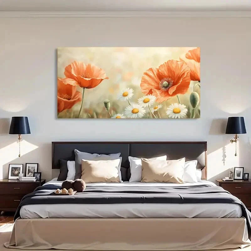 Serene Floral Orange & White Wall Art Canvas Office Home Room Framed 120x60cm - Bella Home Decor