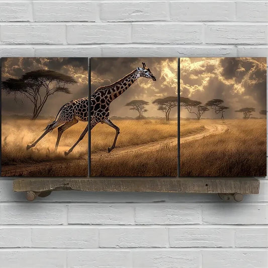 3pcs Giraffes Running on Grassland Metal Print Ready to Hang Art