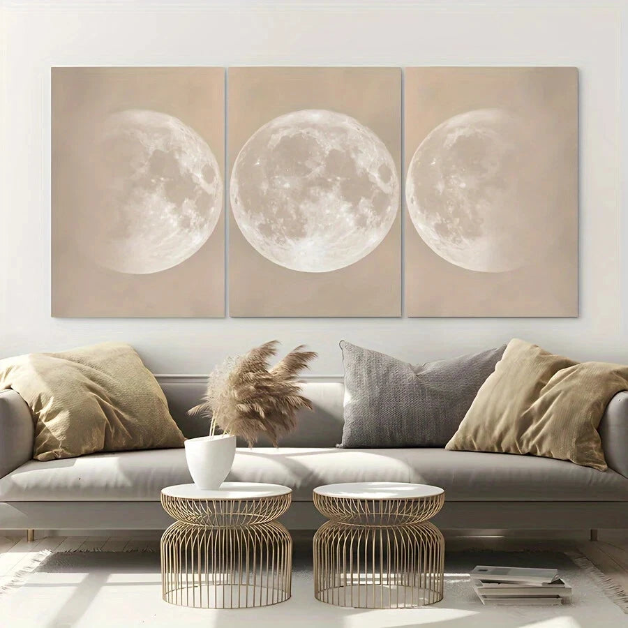 3pcs Full Moon Minimalist Beige and Black Metal Print Ready to Hang Art - Bella Home Decor