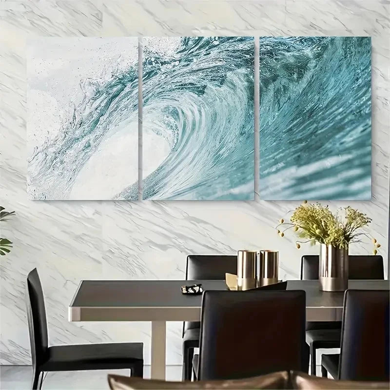 3pcs Blue Ocean Wave Coastal Metal Print Ready to Hang Art - Bella Home Decor