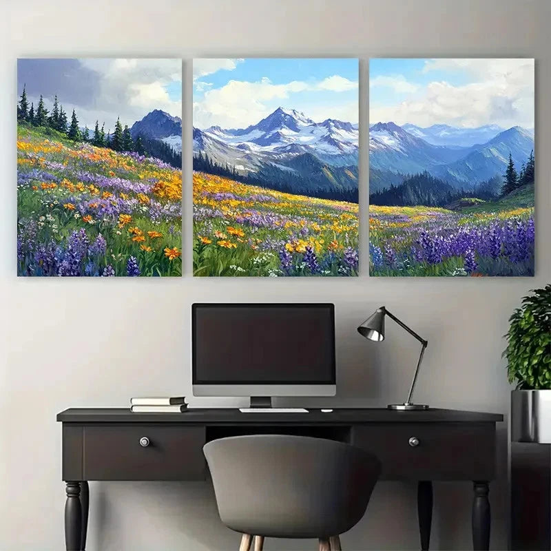 3pcs Pacific Northwest Mountain Wildflowers Wall Art Set Canvas Framed 40x60cm - High Quality Print 100% Australian Made Wall Canvas Ready to Hang