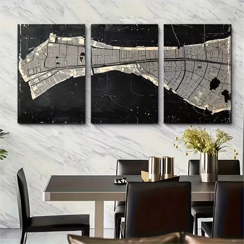 3pcs Black White Minimalist Map of London Metal Print Ready to Hang Art - Bella Home Decor